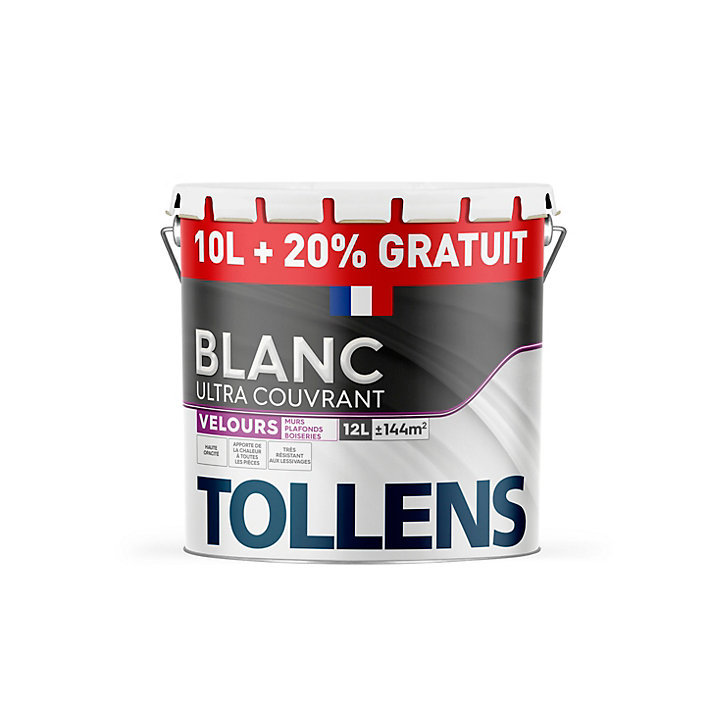 Peinture Tollens ultra couvrant murs, plafonds et boiseries velours blanc 10L+20% gratuit