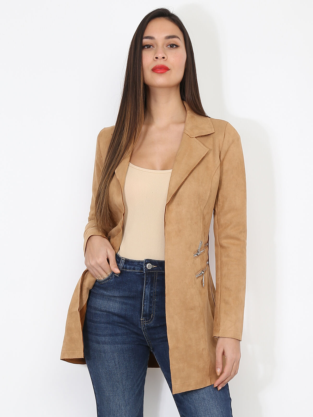 Veste longue en suédine à zips- Camel
