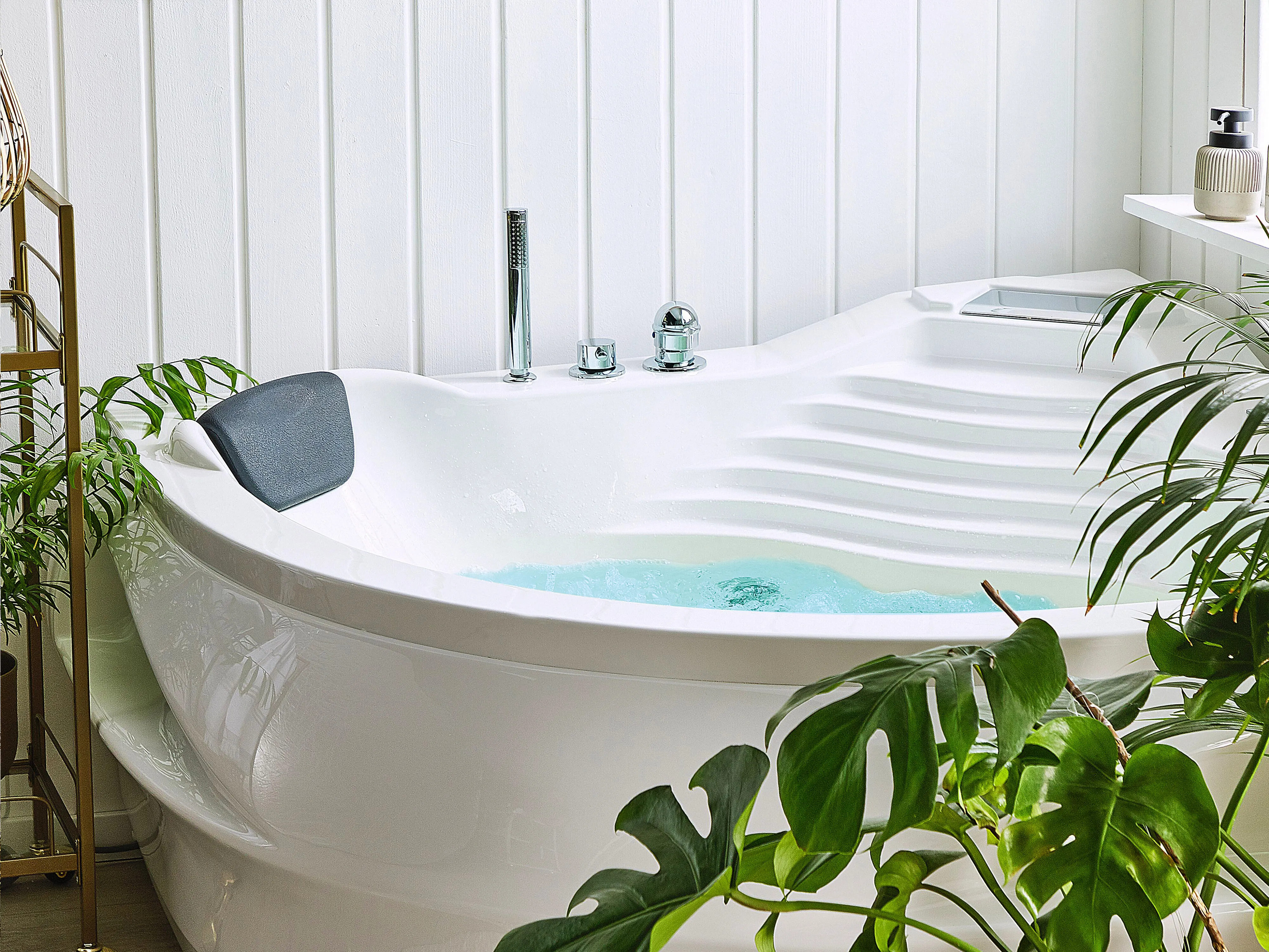 Hoek bubbelbad met LED MONACO met ingebouwde Bluetooth speaker 210 x 145 cm Wit