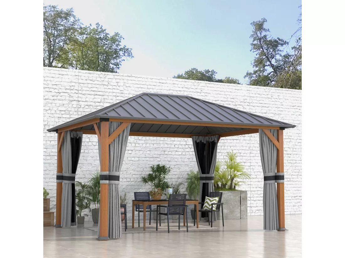 Pavillon de jardin structure alu aspect bois toit rigide métal galvanisé rideaux moustiquaires