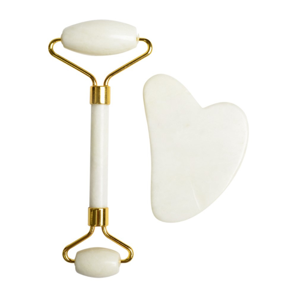 (2-tlg. Set) Gua Sha Jade Roller Gesichts Massage Schaber - Weiss
