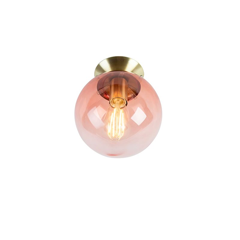 Art deco plafondlamp messing met roze glas - Pallon