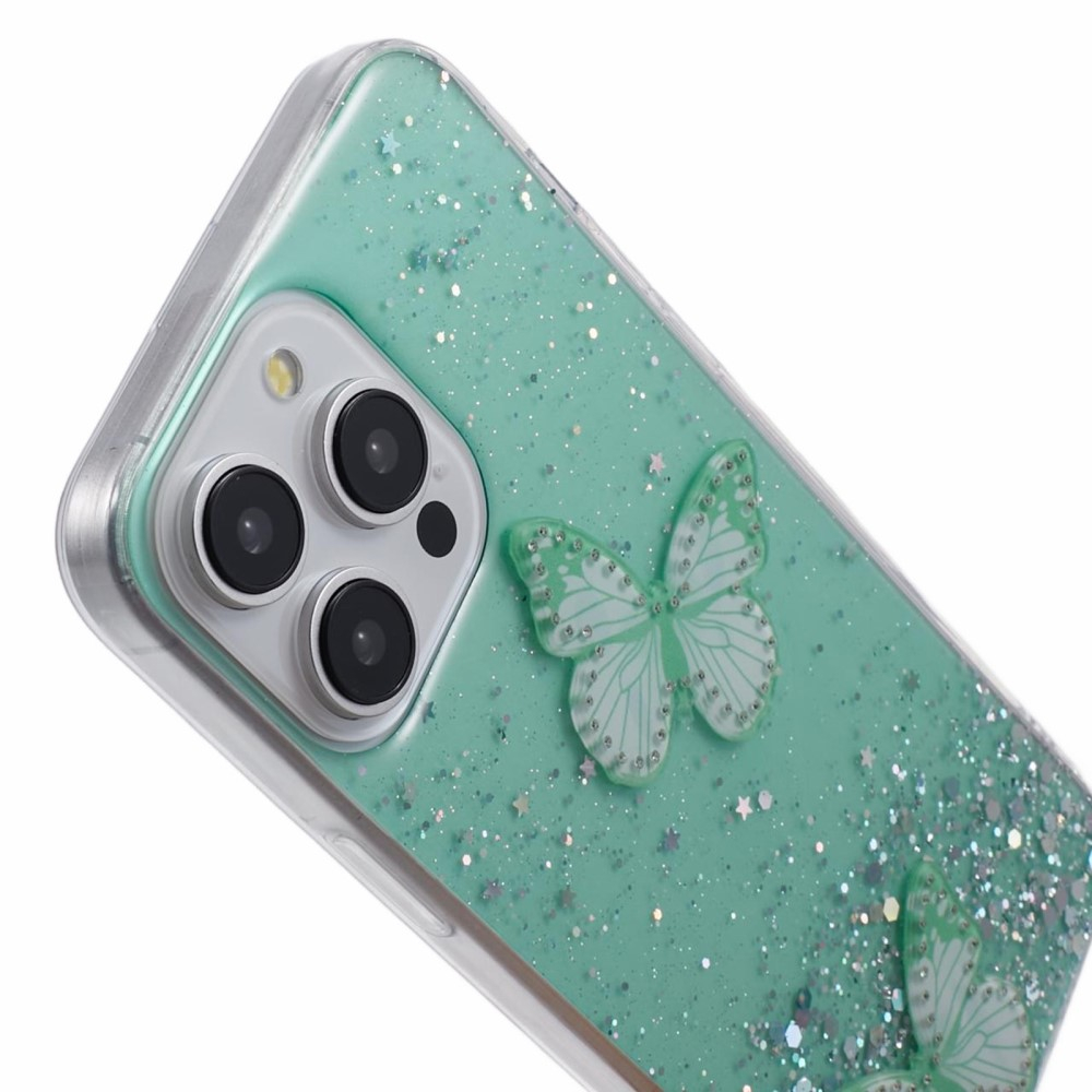iPhone 16 Pro Hybrid Hardcase Schutzhülle im Glitzer Design Schmetterling - Grün / Transparent