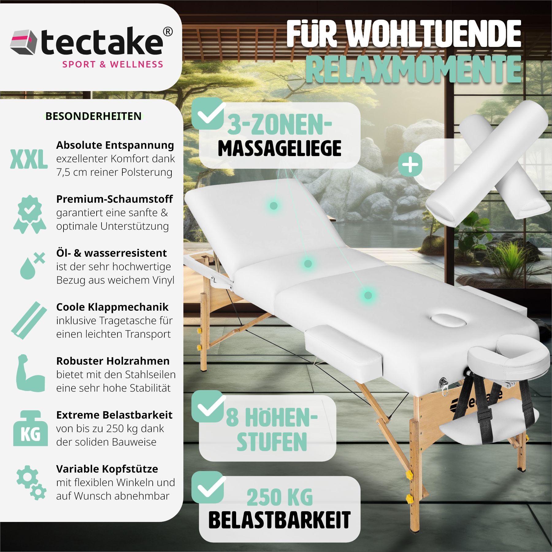 tectake® 3 Zonen Massageliege-Set, inklusive Lagerungsrollen und Tragetasche, klappbar und höhenverstellbar, 218 x 102 x 65 - 90 cm
