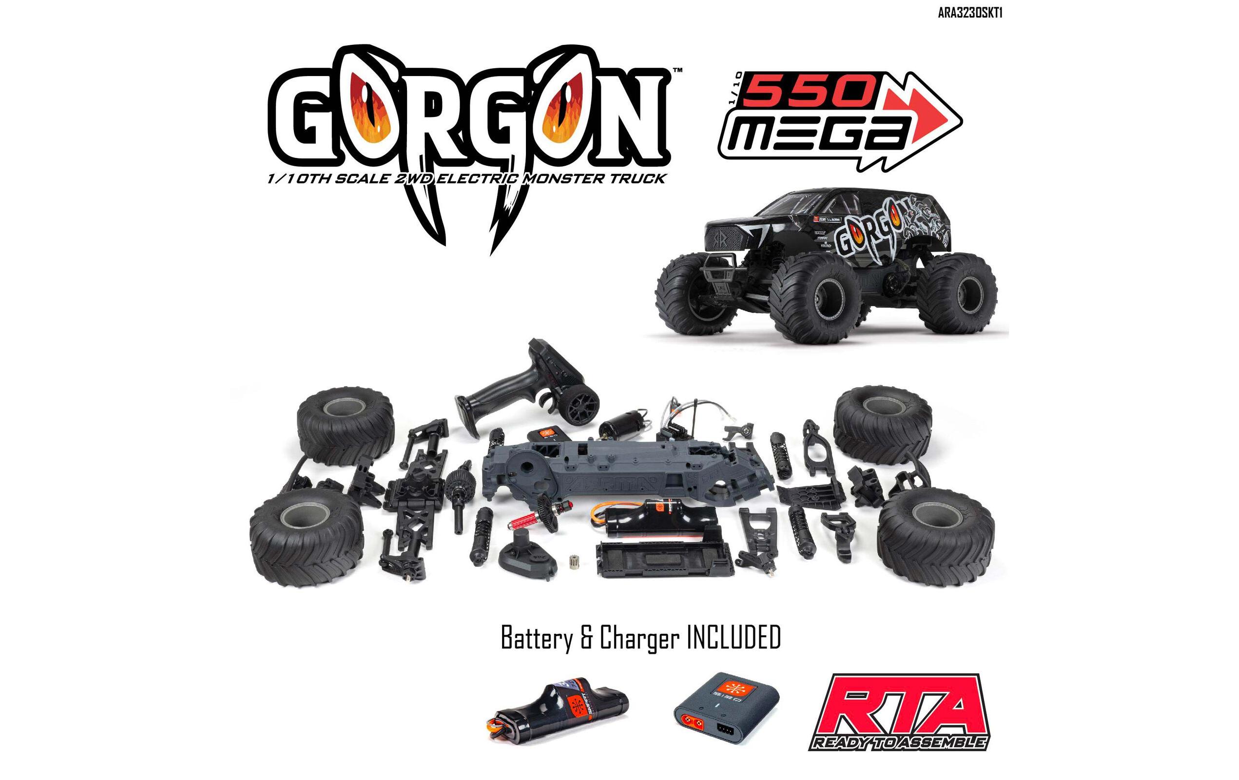 Monster Truck Gorgon MEGA 550 RWD Schwarz, Bausatz, 1:10<br>2WD Monstertruck mit Heckantrieb – Bausatz mit Elektronik & Akku