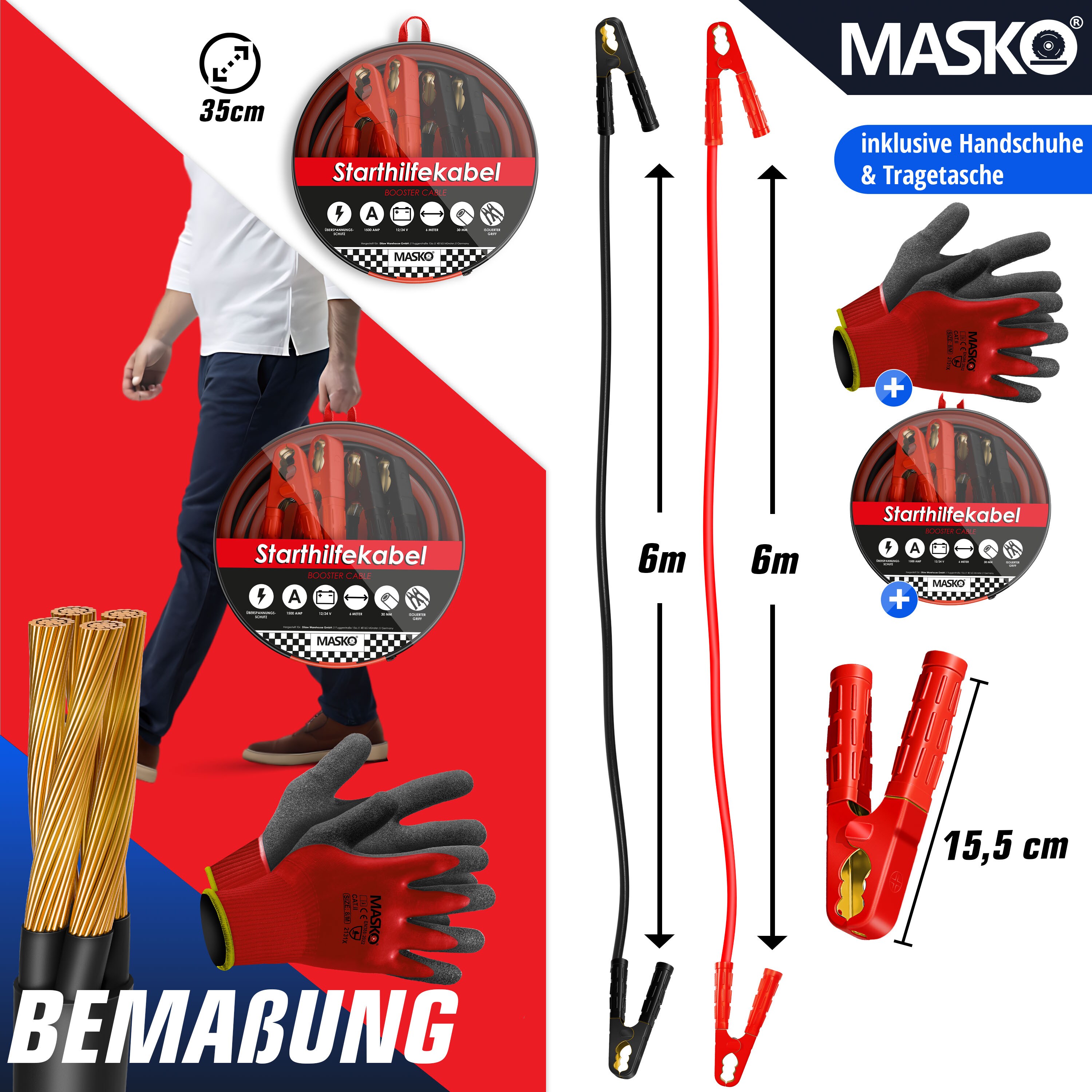 MASKO® Starthilfekabel Überbrückungskabel für Benzin- und Dieselmotoren, 6/12/24 Volt. Auto Motorrad Starterkabel aus Kupfer inkl. Handschuhe und Tragetasche (25mm² 1200A / 30mm² 1500A)