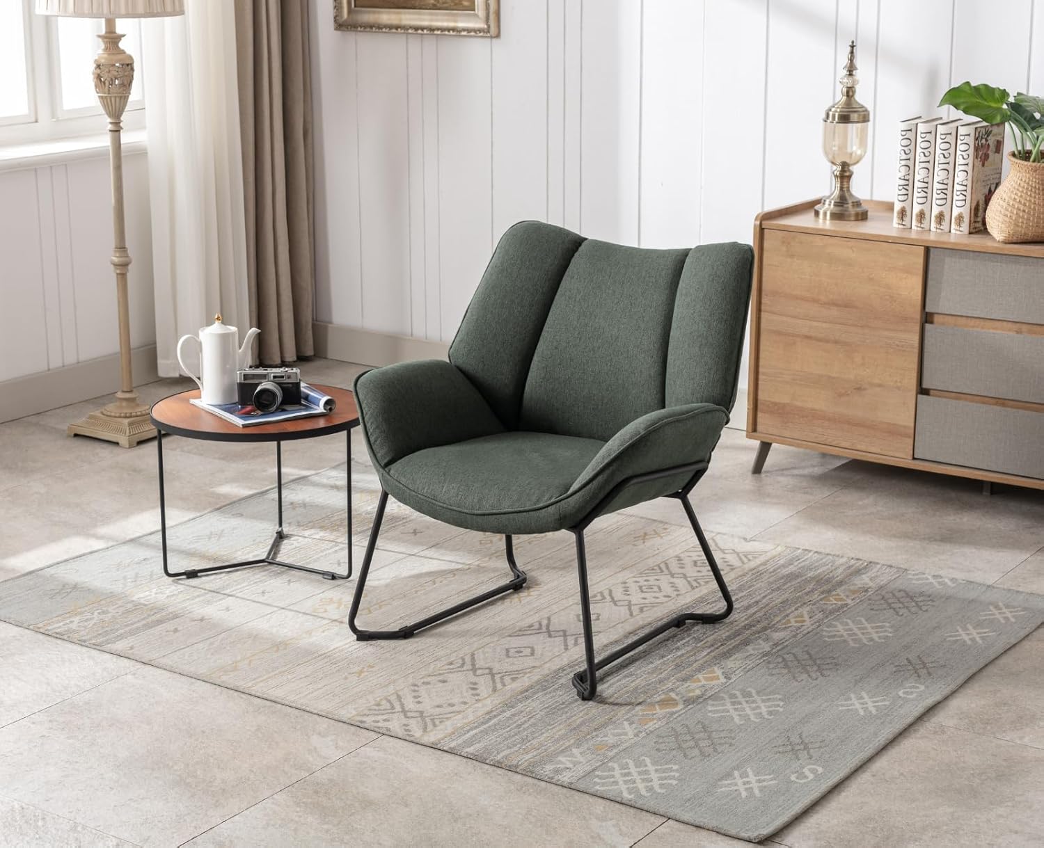 chairus Leinen Loungesessel für Wohnzimmer Balkon Modern Gepolstert Polsterstuhl Relaxsessel mit Metallbeinen (Grün)