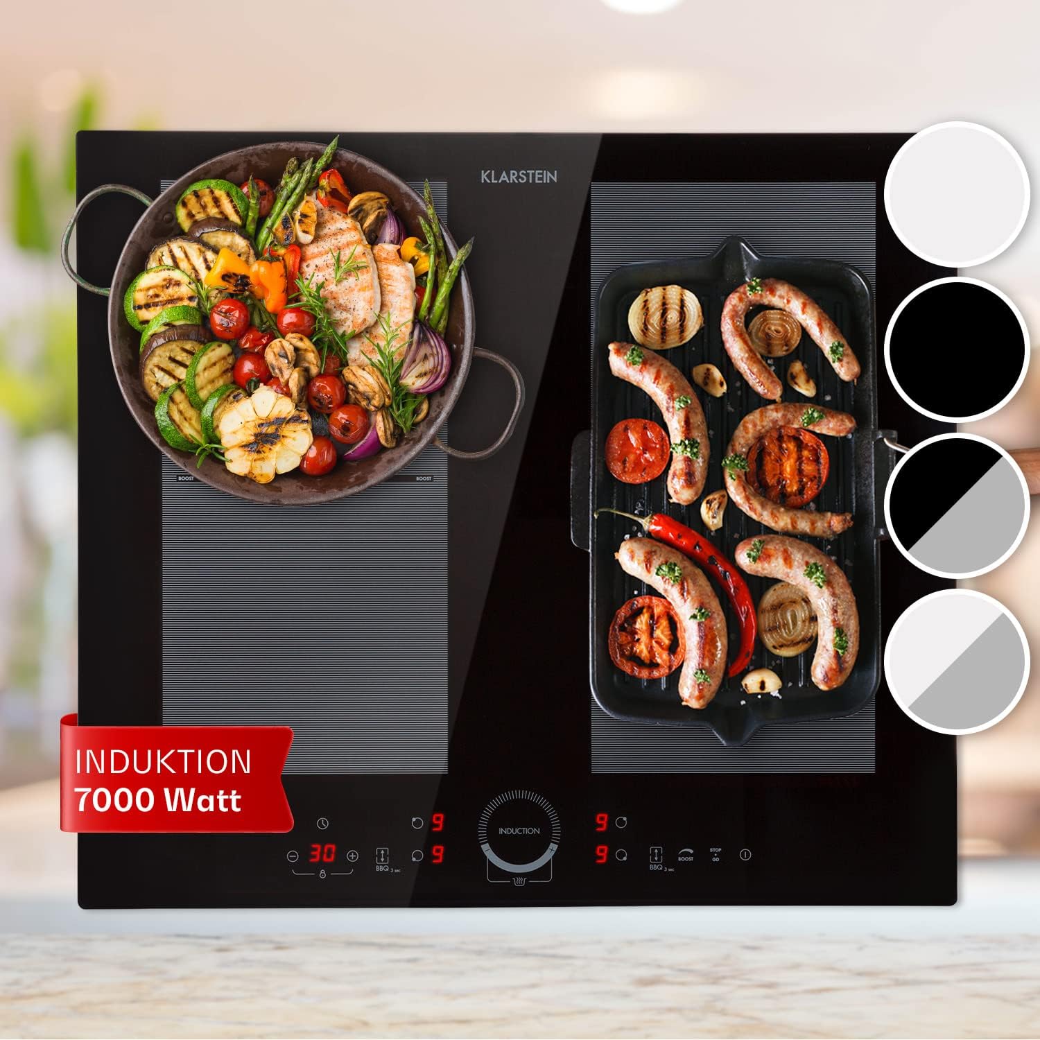 Klarstein Induktionskochfeld, Glaskeramik Kochfeld, mit 4 Platten, Einbau mit Touch-Display, Digitalanzeige und Timer-Funktion, Schnelles Aufheizen, 7000 Watt