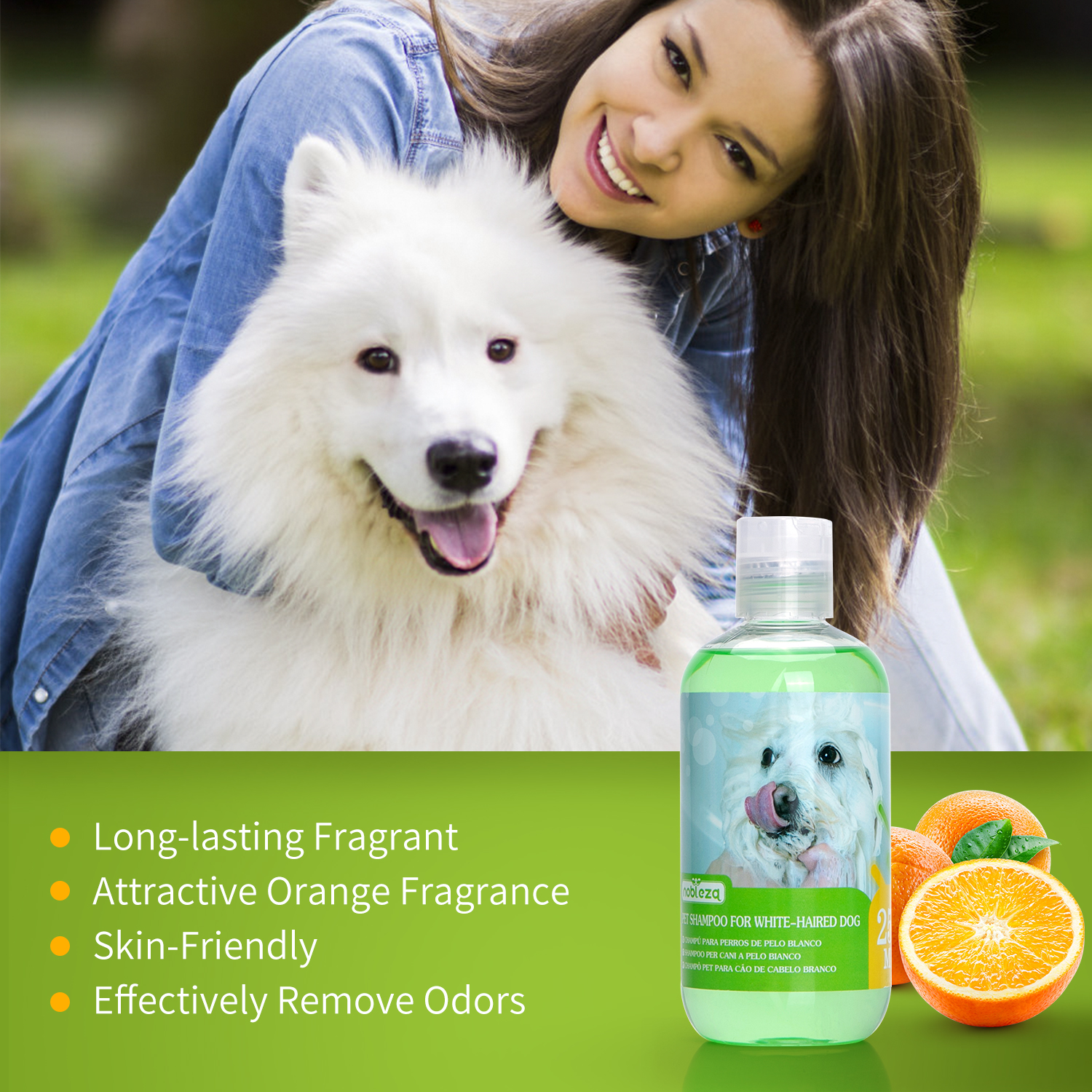 Shampoo Nobleza para Cães Brancos - Remove manchas sem alvejante ou peróxido, shampoo para cães de pelagem branca com fragrância de laranja, shampoo para Bichon Frisé, Maltês e Samoieda 250 ml