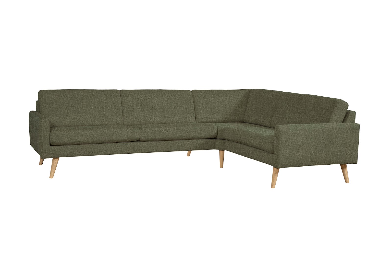 Villa hjørnesofa oppsett K 1,5-seter Big og 3-seter med lite hjørne. Tekstil Tweng 824 Green Skrå ben eik natur 20cm. Arm 23. Fast/Fast. Duo. Vendbar