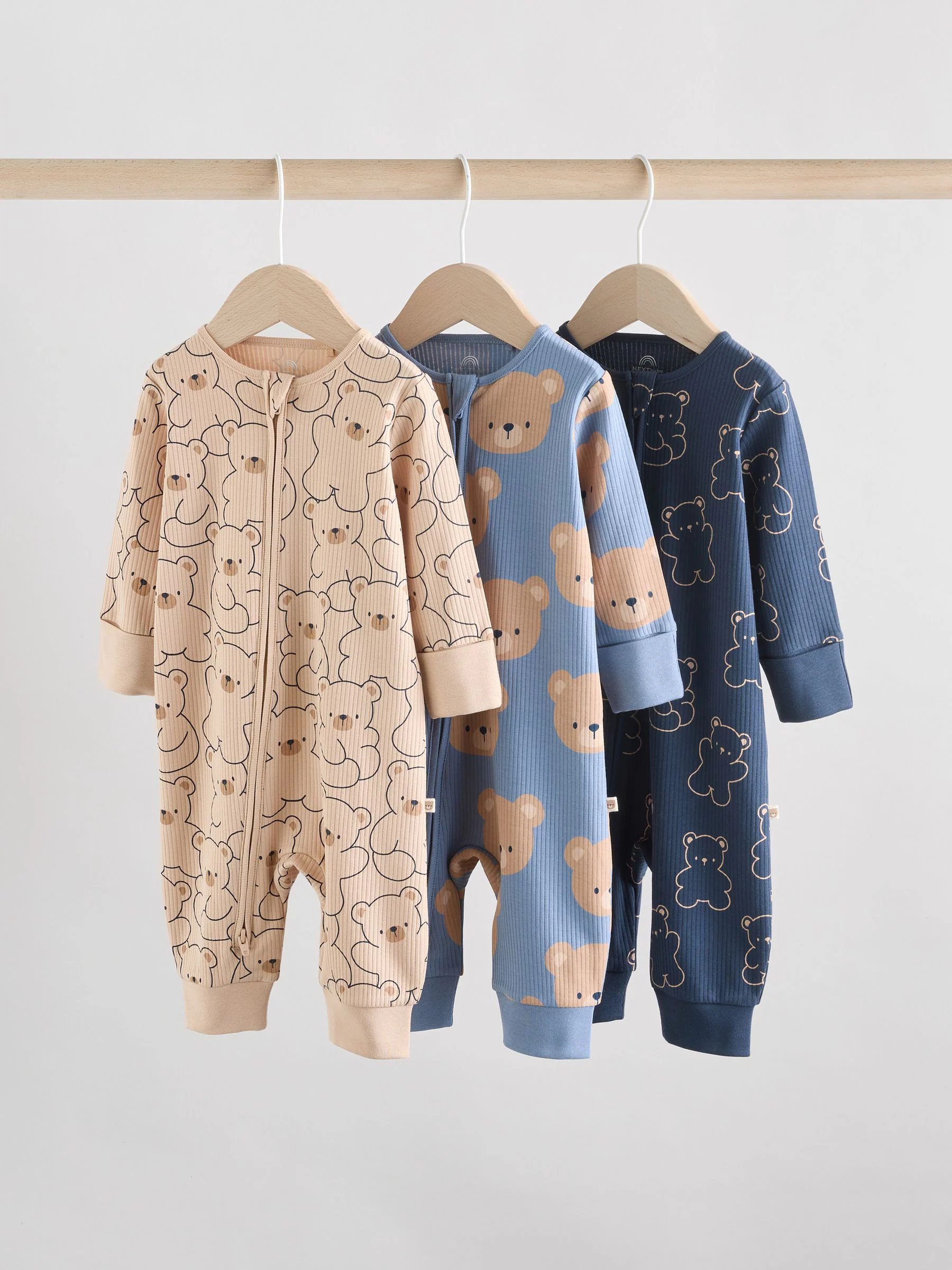 Bruin/donkerblauw - Set van 3 baby pyjama's zonder voetjes met tweewegrits van katoen (0mnd-3jr)