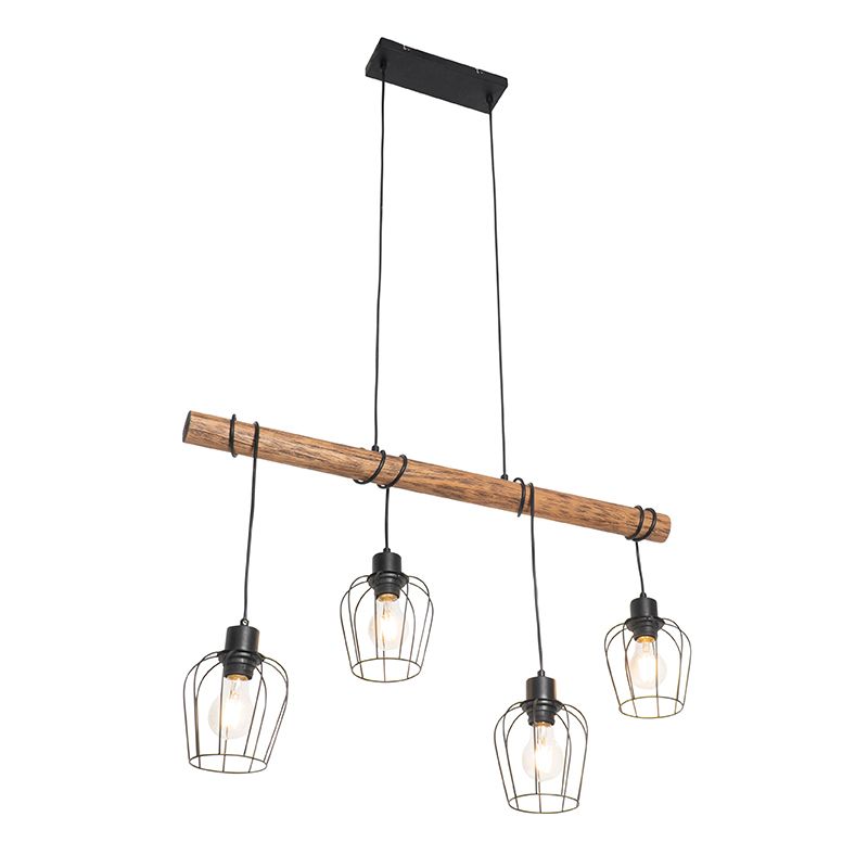 Smart hanglamp zwart met hout incl. 4 Wifi A60 - Stronk