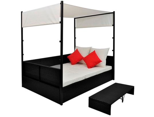 VIDAXL - Lit de jardin avec auvent noir 190x130 cm résine tressée
