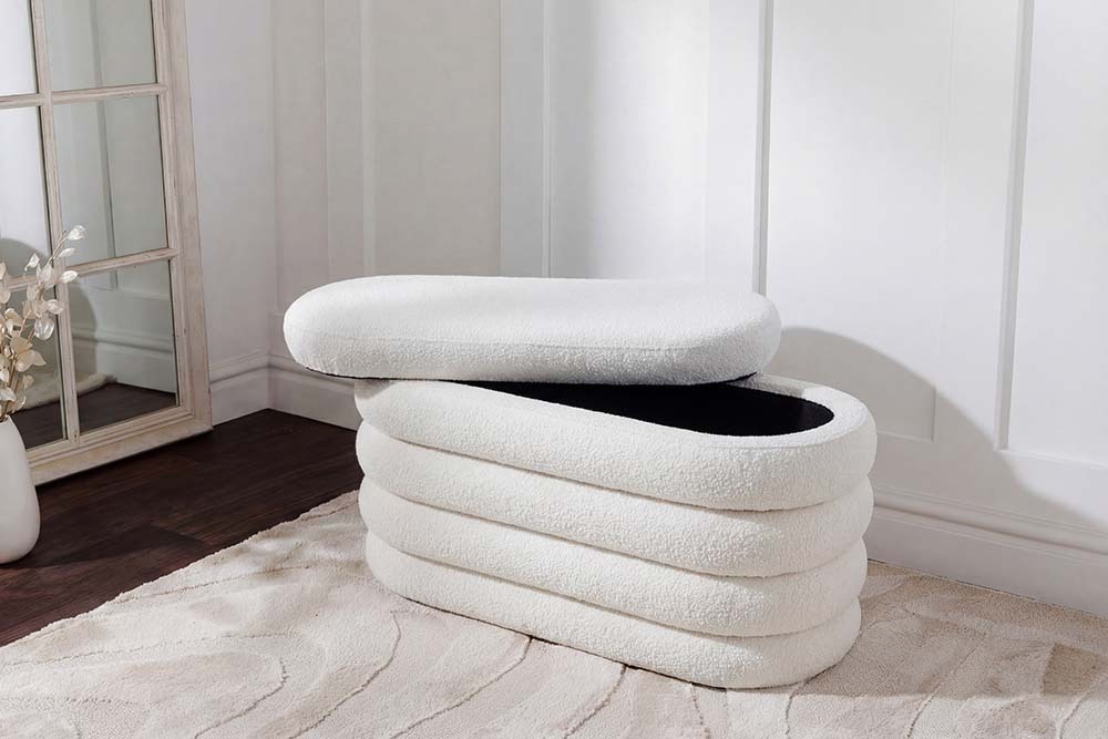 Extravagante Polsterbank VOGUE 85cm weiß Bouclè Sitzbank mit Stauraum
