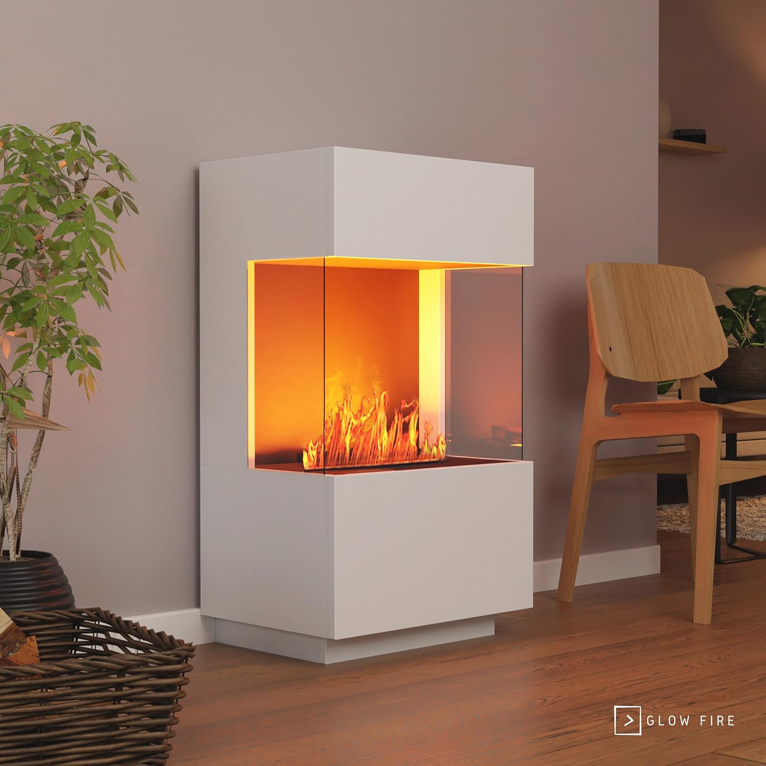 GLOW FIRE Wasserdampf Kamin OGF 1 Mini (Standkamin) - Elektrokamin mit realistischen LED 3D-Flammen, Knistereffekt & Fernbedienung, 55x96x40 cm - Opti-Myst 400 Elektro Kamin, Weiß