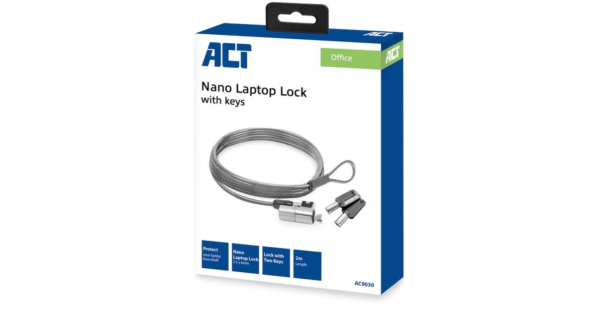 ACT ConnectivityNano laptopslot met sleutels diefstalbeveiliging  (Grijs, 2 meter)