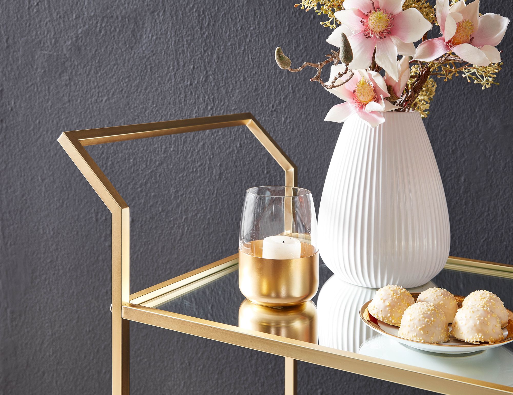 KADIMA DESIGN Servierwagen in Gold, Beistelltisch, Rollen, Verspiegelte Ablageflächen