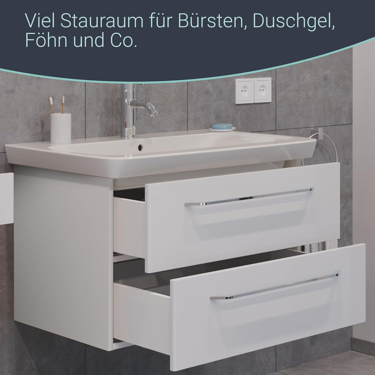 BadeDu NES Badmöbel Set 88cm, Weiß, 2-teilig – Modernes Möbel-Set mit Waschbecken und Unterschrank, Hochglanz Weiß, 2 Schubladen mit Soft-Close System – Made in Germany