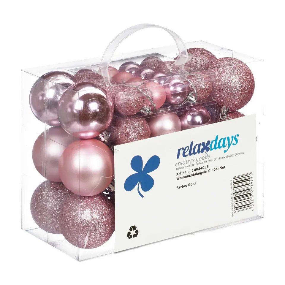 Relaxdays kerstballen - 50x - lichtroze - 3, 4 en 6 cm -kunststof