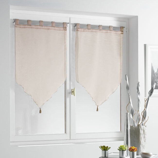 Vitrage à pattes voile uni taupe finition pointe pompon 60x90 cm x2