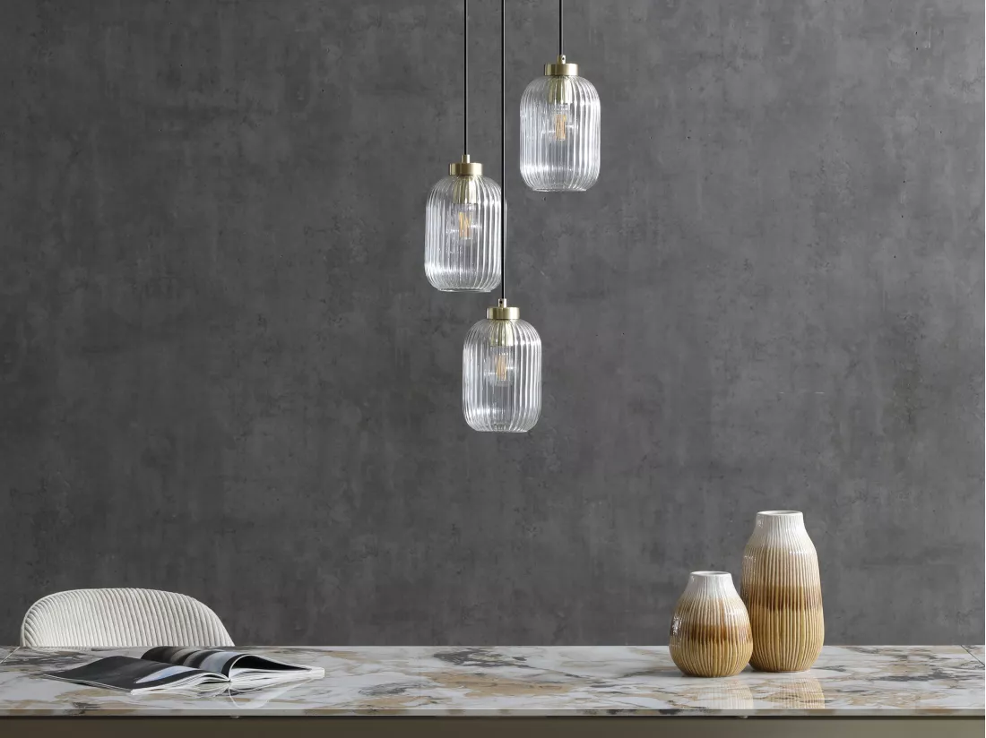 Lustre vintage en métal et verre - 3 globes - L. 30 x H. 120 cm - Doré - LOUXOR
