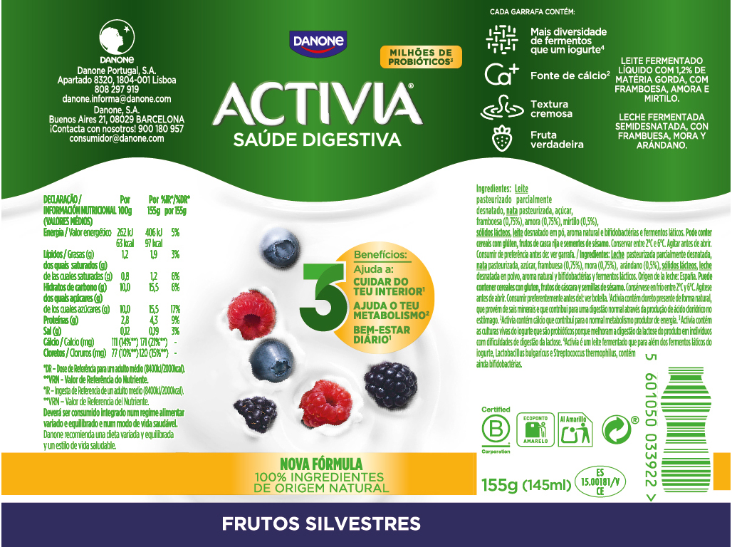 BIFIDUS DANONE ACTIVIA LÃQUIDO FRUTOS SILVESTRES 4X155G