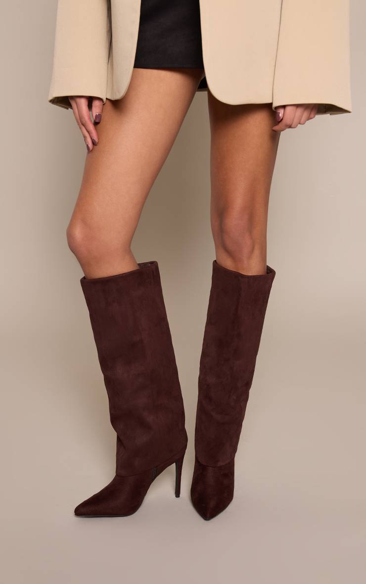 Chocolat Bottes Hautes À Talon En Synthétique À Bout Pointu Avec Revers
