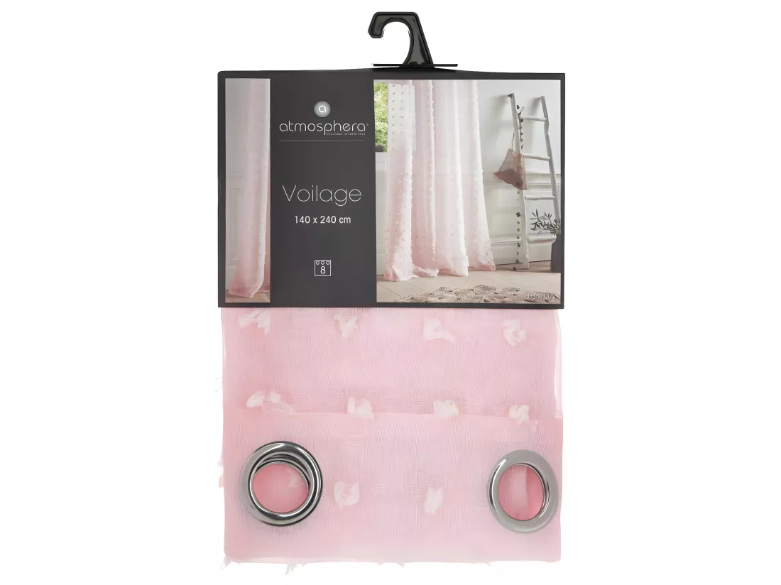 Voilage à œillets Rose motif petits pompons 140 x 240 cm