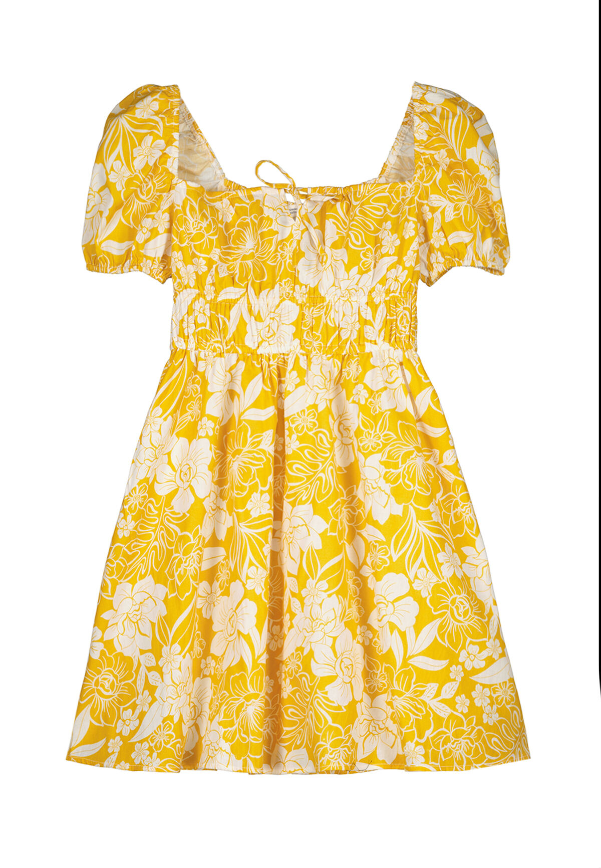 Vestido curto estampado em linho e algodão - Estampa amarela
