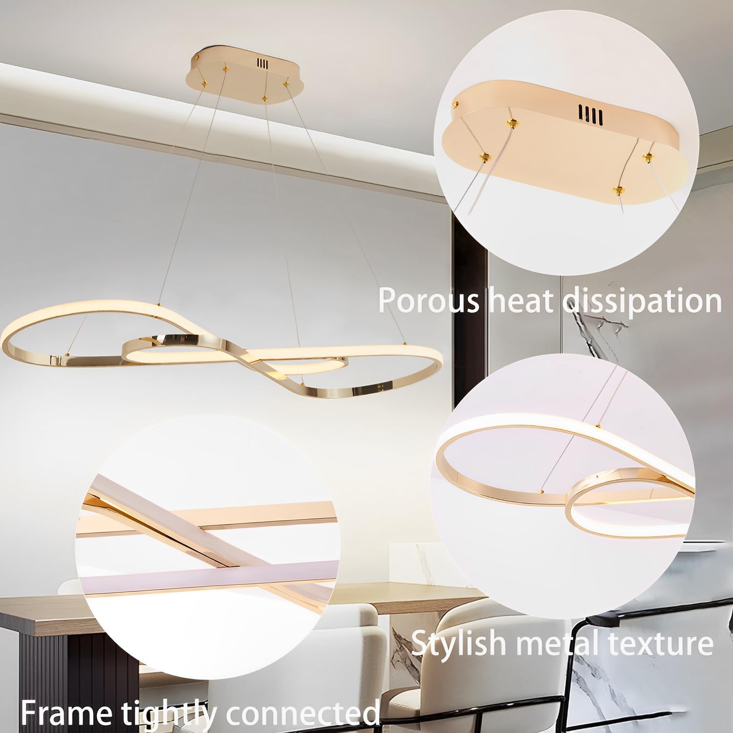 57W Dimmbare LED Pendelleuchte, Doppelfigur 8 Design Hängeleuchte mit Fernbedienung, Pendellampe Hängend Höhenverstellbar, Hängelampe für Wohnzimmer, Esstisch, Esszimmer, Küche, Gold