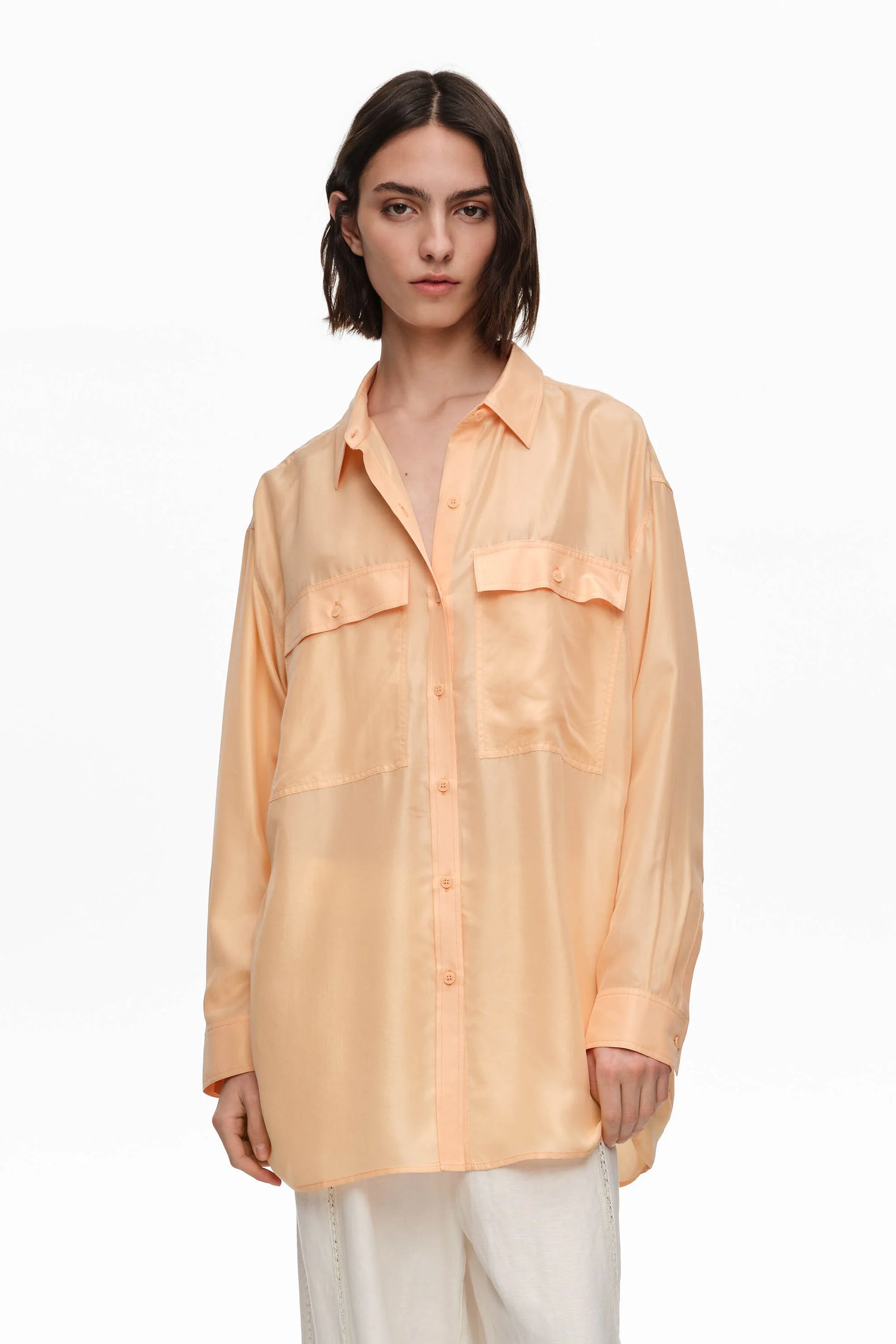 Camisa oversized de seda laranja claro