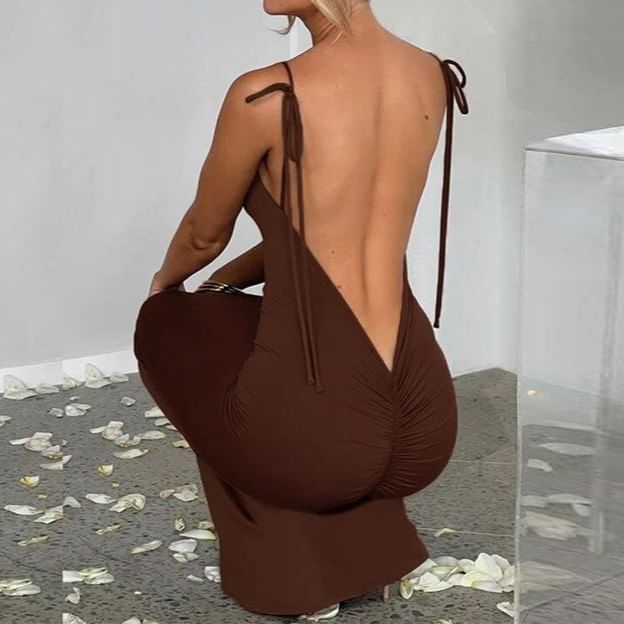 Jeshili - Spaghettibandjes Vierkante Hals Effen Gerimpelde Open Rug Maxi Bodycon Jurk