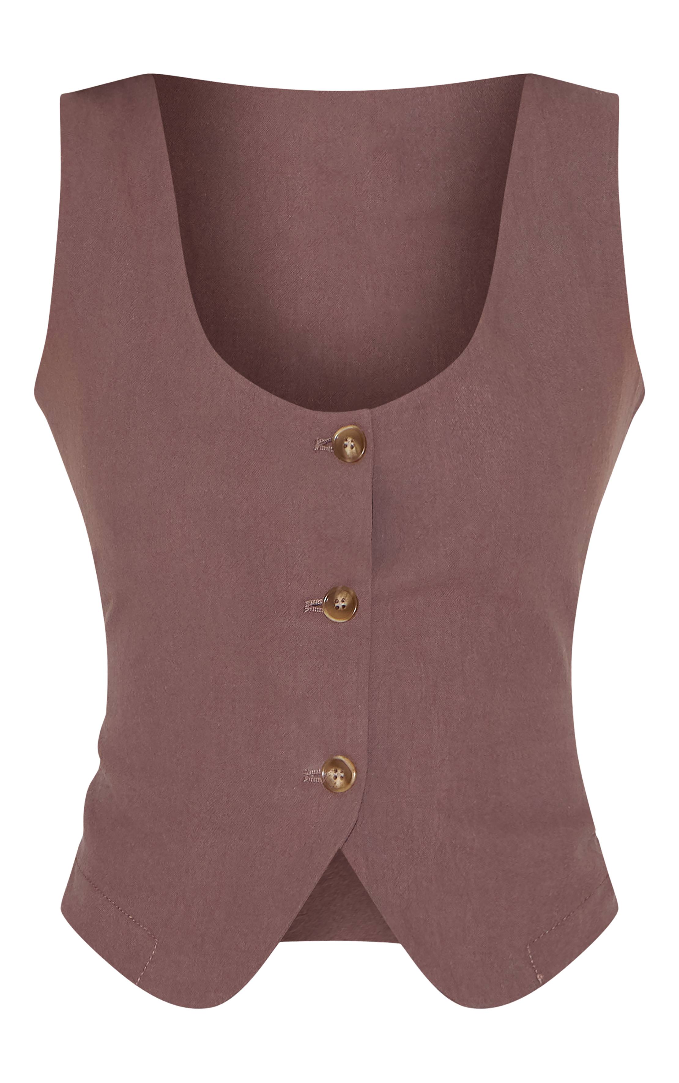 Marron Foncé Gilet Ajusté Tailleur Col Arrondi Aspect Lin