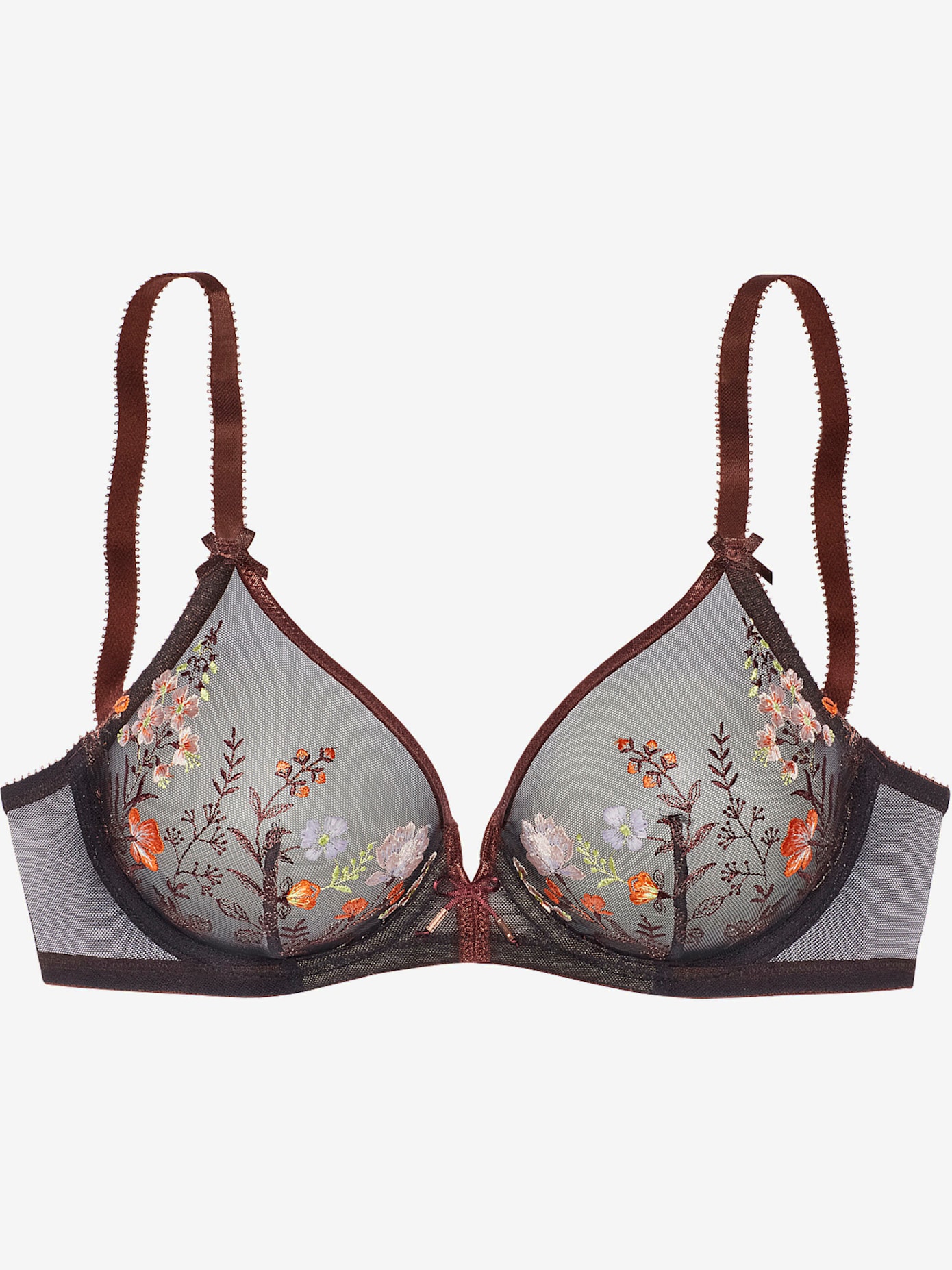 Soutien-gorge à armatures, jolies fleurs en dentelle brodée et nœuds décoratifs