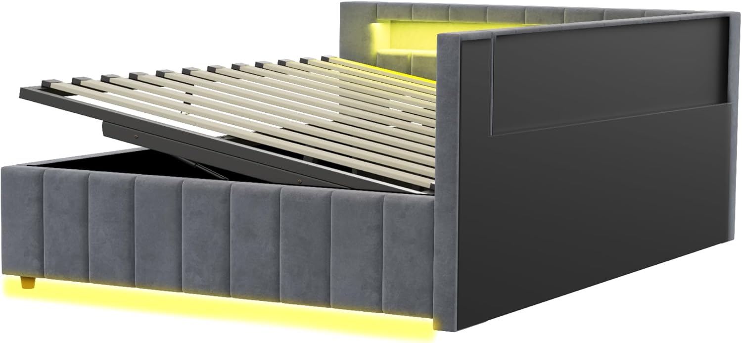 Polsterbett Schlafsofa 140x200, Doppelbett mit Hydraulischem Stauraum, mit LED-Licht und USB-Ladefunktion, Tagesbett Jugendbett mit Lattenrost, Samtstoff, ohne Matratze, Grau BN1838502