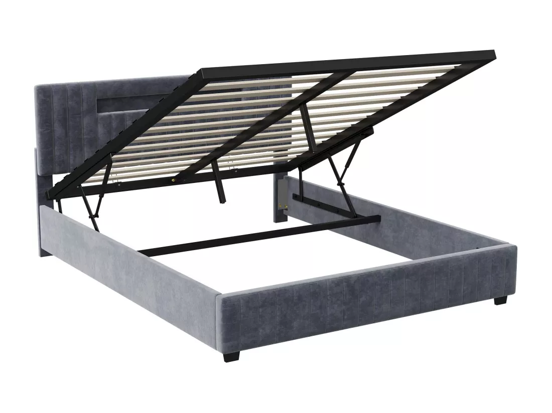 Lit coffre 140x200cm - Lit double avec sommier à lattes et tête de lit LED avec rangemet, en tissu velours gris