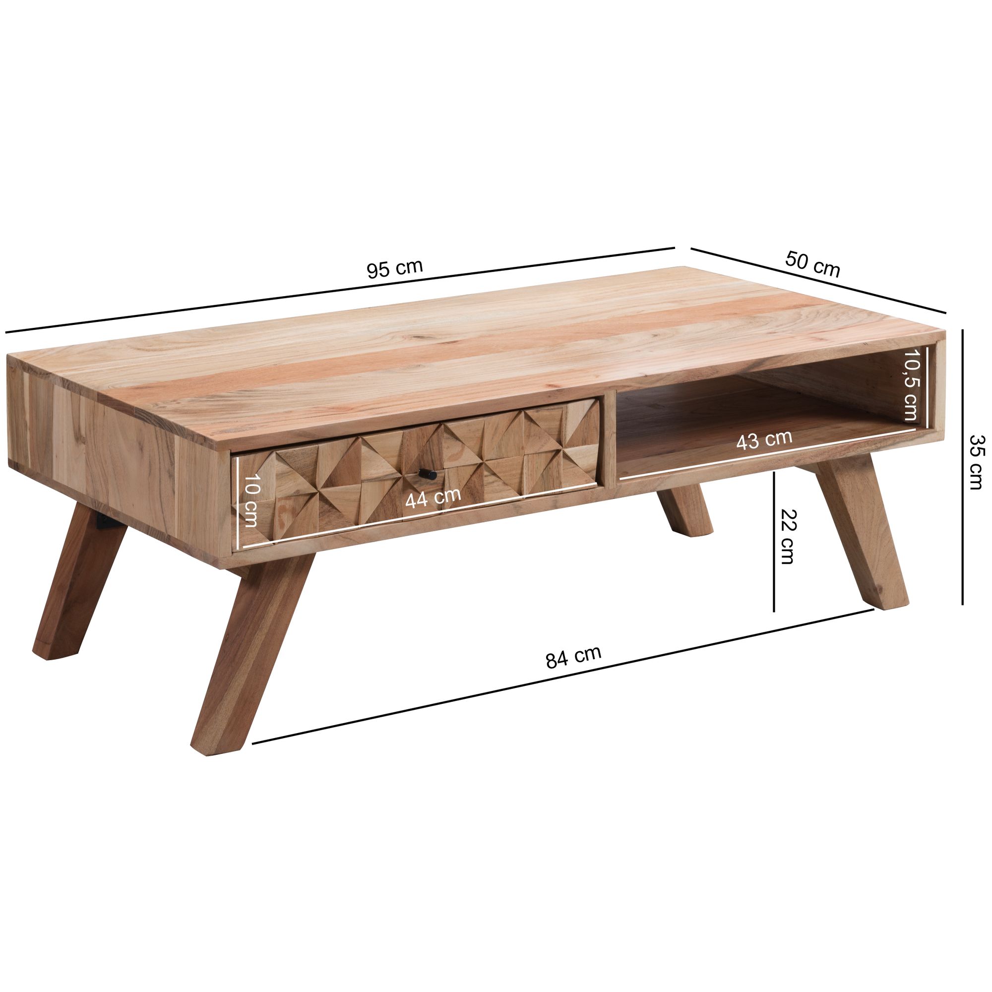 KADIMA DESIGN Moderner Landhaus-Stil Couchtisch, massives Holz, Schublade, Ablagefach, 95x35x50 cm