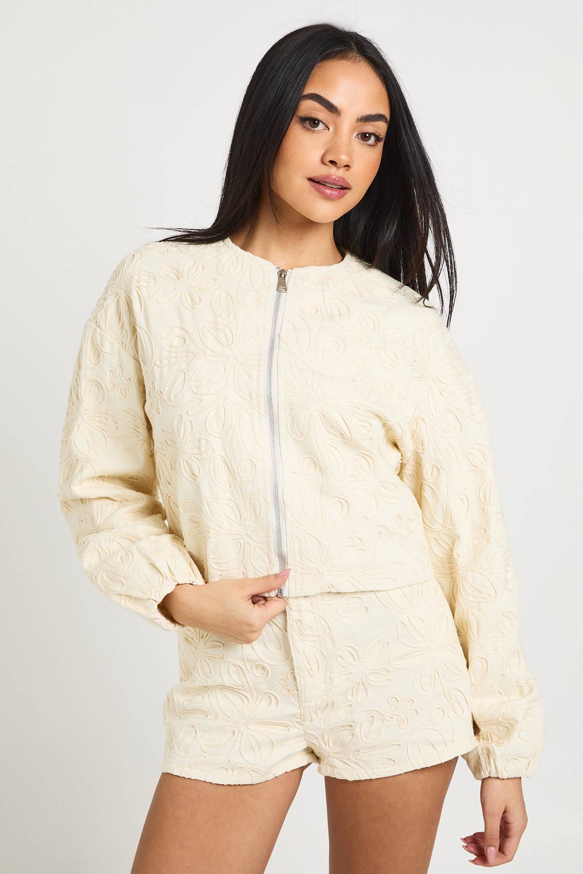 boohoo Veste Bomber En Denim À Détail Dentelle