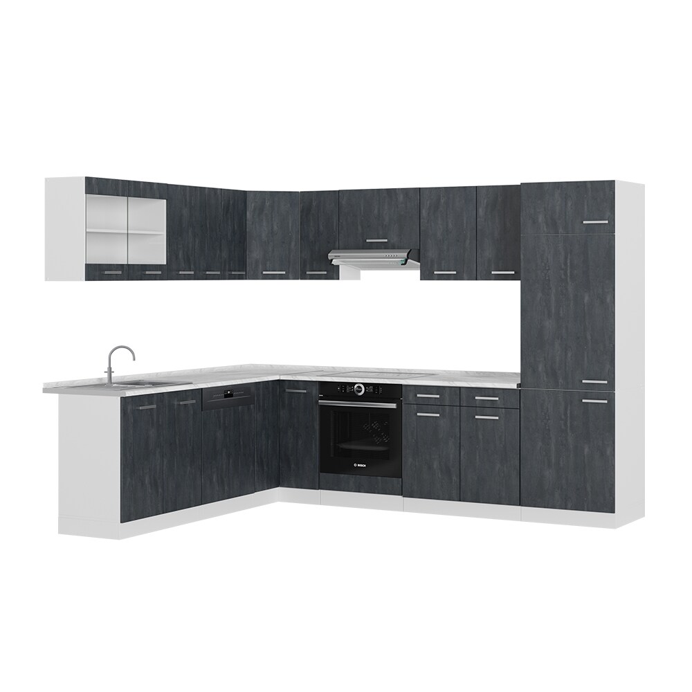 Vicco Eckküche R-Line 287x227 cm Schwarz Beton Weiß mit Arbeitsplatte Weiß Marmor