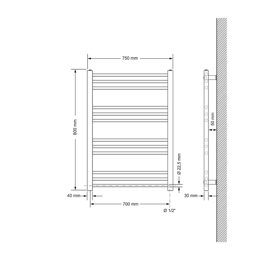 ECD Duitsland Elektrische Badkamerradiator met Verwarmingselement ECO 300W - 750 x 800 mm - Wit - Recht met Zijaansluiting - Radiator Handdoekverwarmer Handdoekdroger