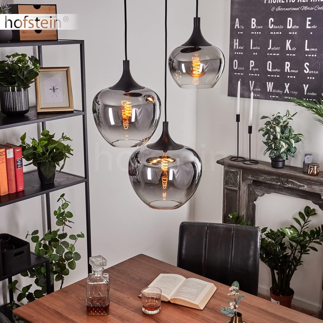 HOFSTEIN Hängeleuchte Azurara, Hängelampe aus Metall/Glas in Schwarz/Rauchfarben/Klar, Leuchte im Modernen Design, 3-flammig, Höhe max. 120 cm, 3 x E27, ohne Leuchtmittel