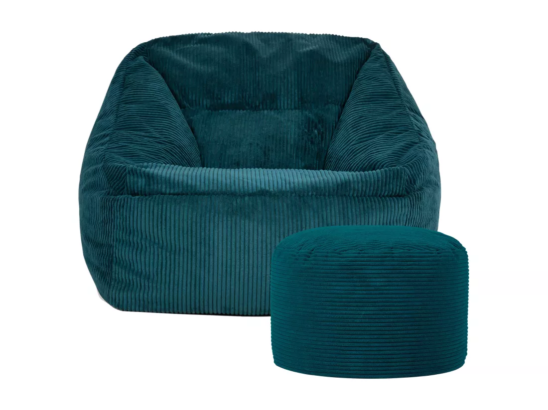 Pouf fauteuil avec repose-pied rond velours côtelé bleu canard - MORGAN