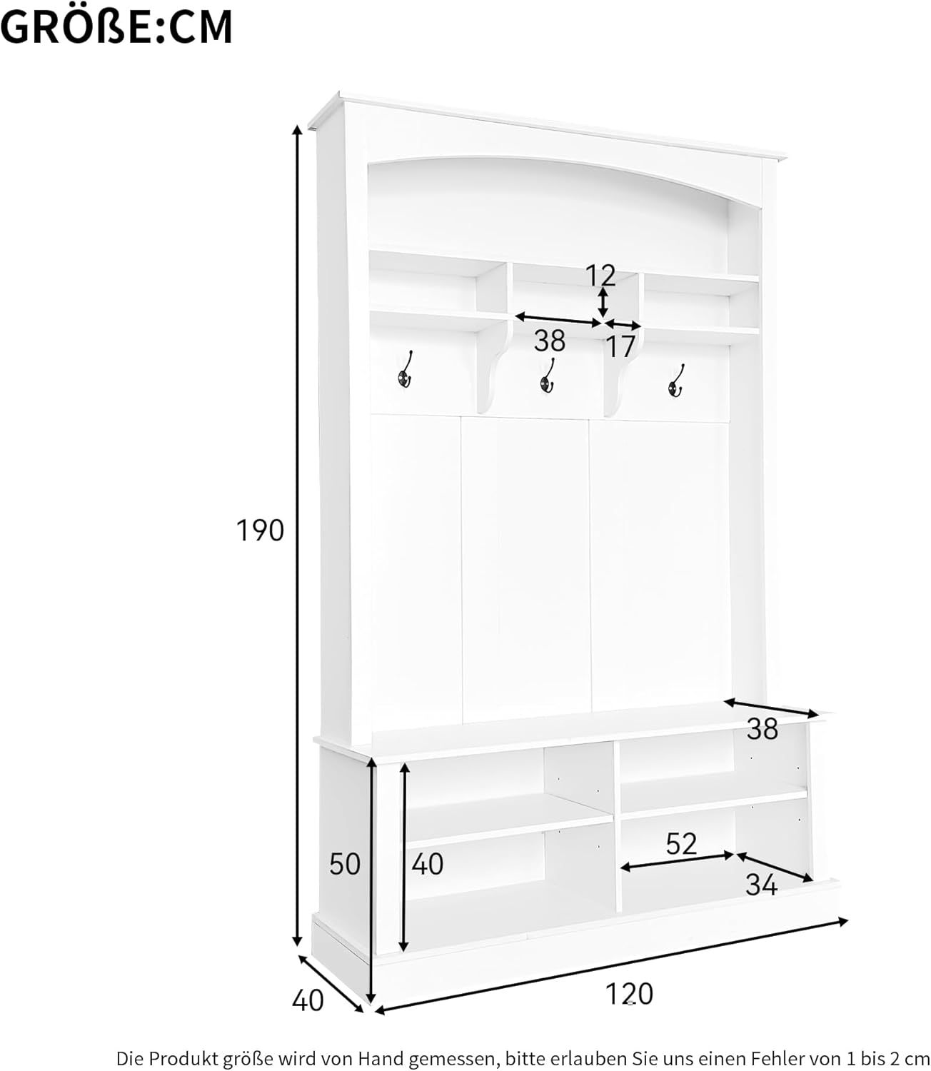 Merax Garderobe Set, Garderobe mit Schuhschrank, Multifunktionale Aufbewahrungsbank mit 3 hängenden Haken & offenem Stauraum, Stylishe Garderobenset für Flur, Weiß, H190/B120/T40 cm