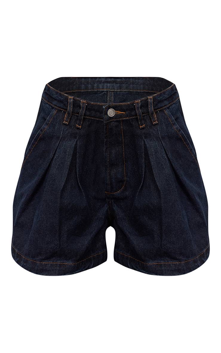 Bleu Indigo Short Mom En Denim Indigo À Détails Plissés