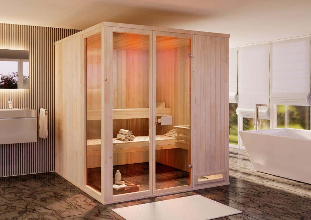 FinnTherm Oda binnensauna met 2 houten banken, saunacabine met 40 mm wanddikte, stoomsauna inclusief montagemateriaal, natuurlijke afwerking, 1,9 x 1,8 m