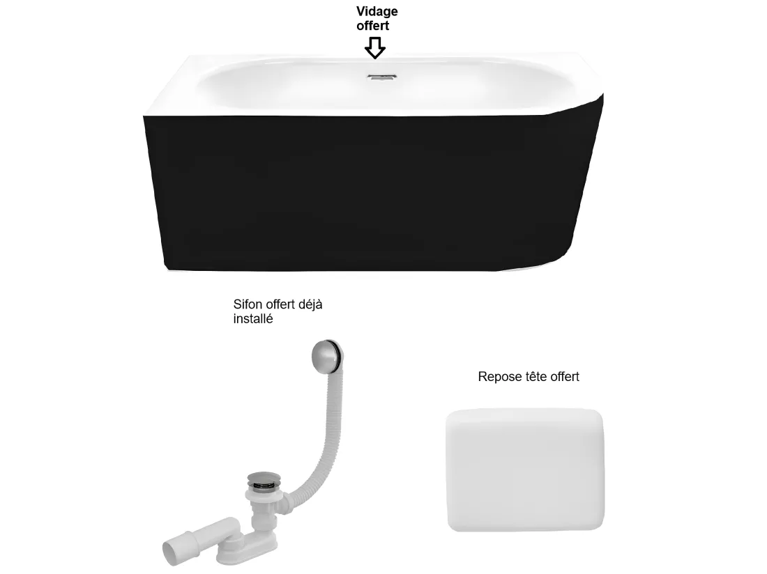 Baignoire d'angle Noir et Blanc + Siphon Doré et Vidage inclus + Repose tête - AVITA S CLASSE - GAUCHE - 170 x 75 cm