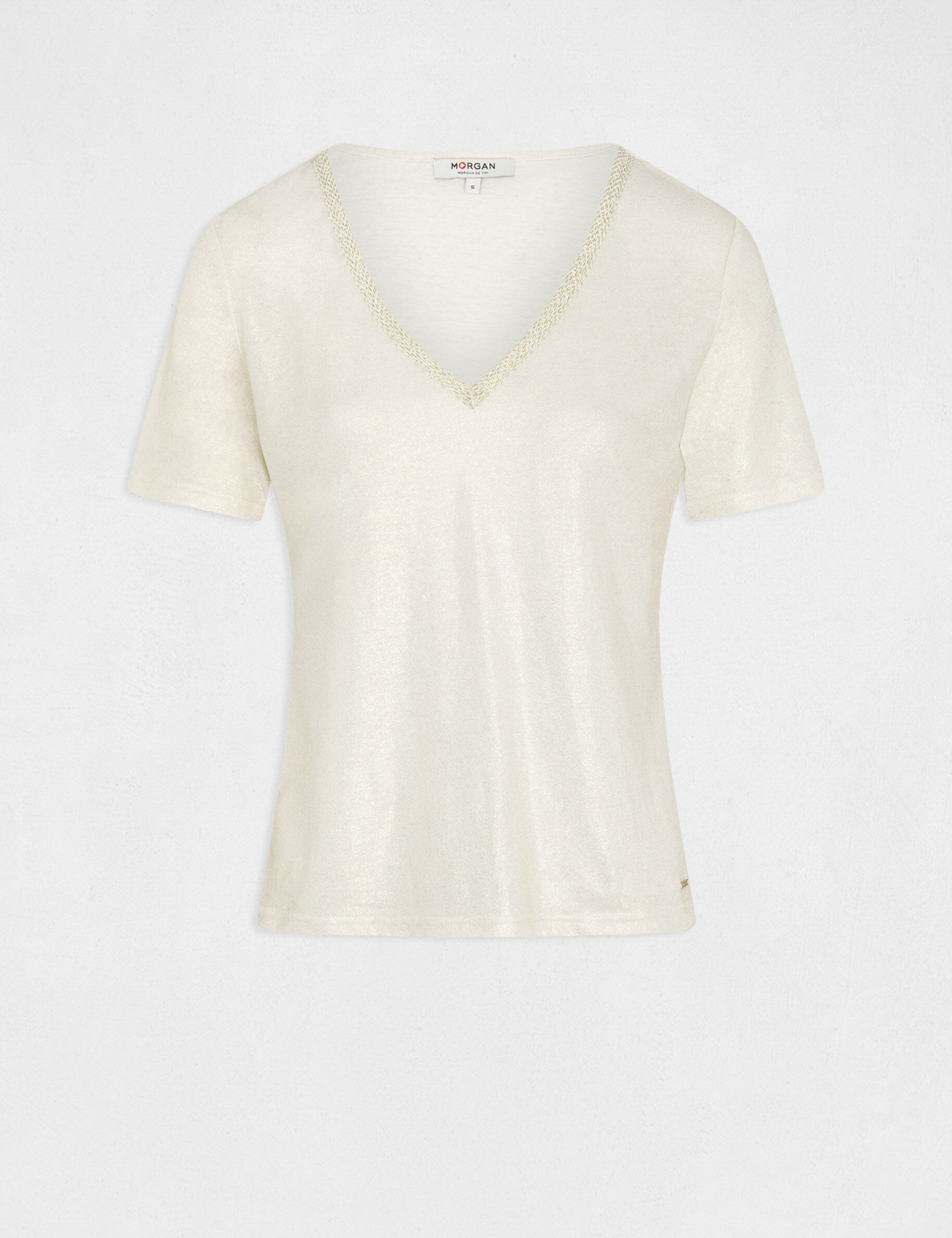 T-shirt manches courtes col en V ecru femme - ecru