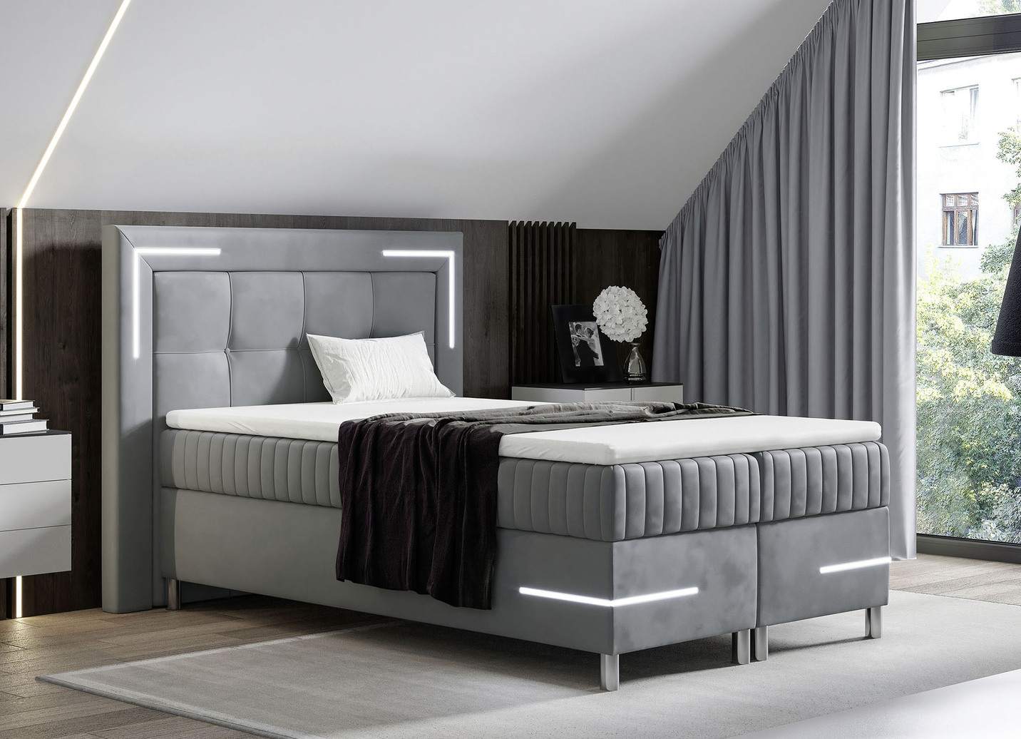 Boxspringbett mit LED-Beleuchtung und Topper