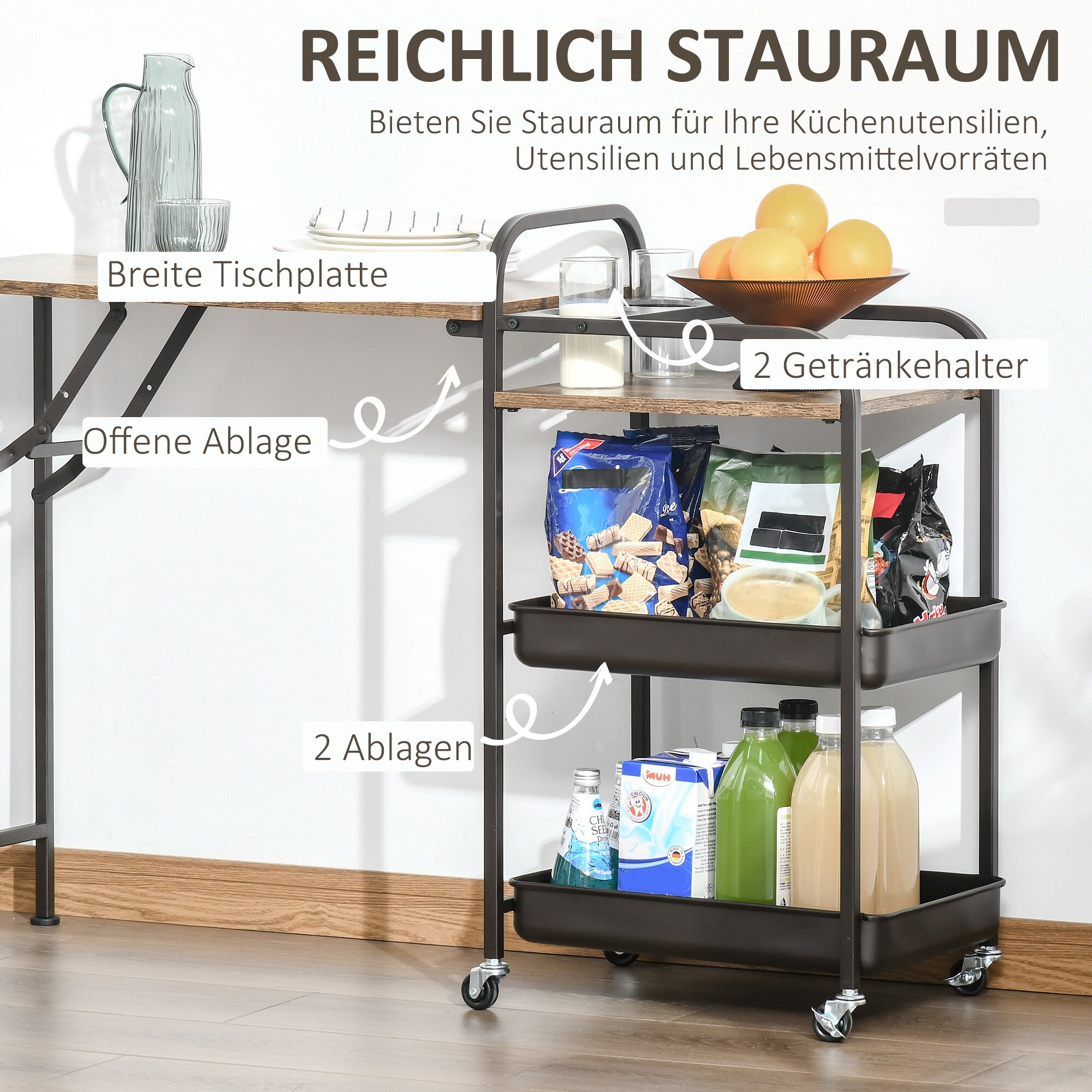 HOMCOM Servierwagen mit klappbarer Tischplatte rutikal-braun 118 x 36,5 x 82 cm (BxTxH)