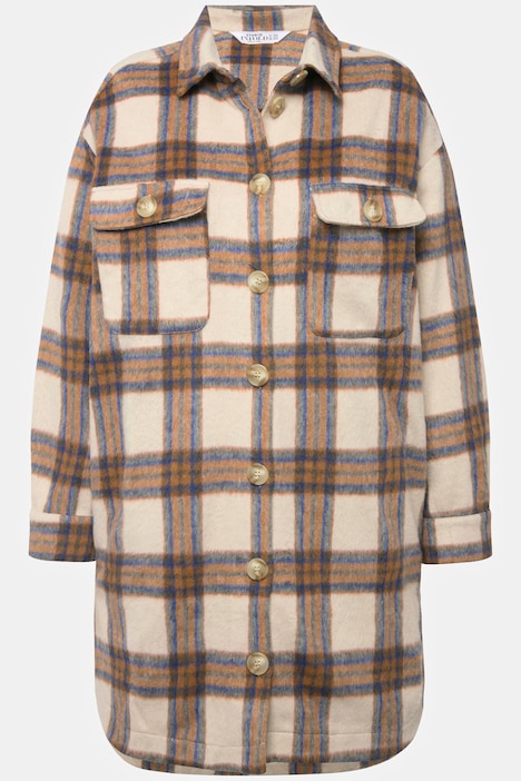 Karo-Hemdjacke, long und oversized, Hemdkragen